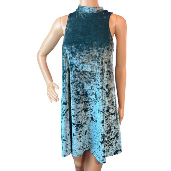 Deep Sea Green Sleeveless Swing Dress in Crushed Velvet - Picture 1 of 5